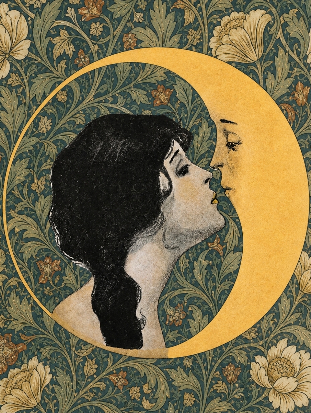 Art Print: Woman Kissing Crescent Moon in Floral Motif Art Print